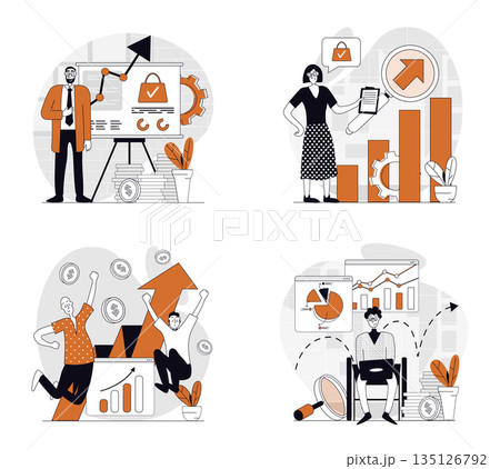 Sales performance concept set in flat design for web. Collection with people making finance analysis, achieving e-business progress and profit rise at arrow charts and graphs. Vector illustrations. 135126792