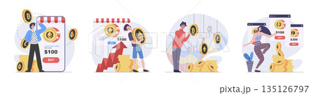 Cryptocurrency marketplace concept with people scenes set in flat web design. Collection of character situation with investing money in crypto cons, sell and buy with strategy. Vector illustrations. 135126797