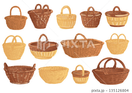 Cartoon handmade baskets mega set elements in flat graphic design. Bundle objects of brown wicker rattan containers with handles, handcraft straw hampers, braided rural basketry. Vector illustration. 135126804