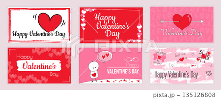 Valentines Day cover typography templates set for social media. Greeting cards design with red and pink hearts, cupid arrow, cute mascot with love declaration, holiday signs. Vector illustration. 135126808