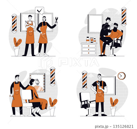 Barbershop concept set in flat design for web. Collection with people getting professional haircut and styling, hairdressers shaving beard and mustaches, doing care treatment. Vector illustrations. 135126821