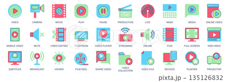 Video icon set in flat color icons web design. Pack pictograms with camera, movie, play, pause, production, live, mask, media, mute, editing, television, player, streaming, other. Vector illustration. 135126832