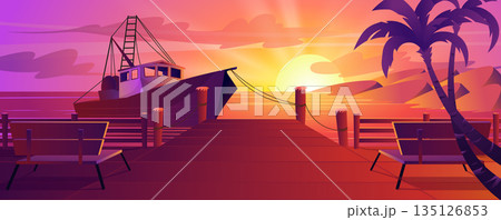 Summer tropical sunset at pier background for banner design. Vibrant evening sun under ocean or sea, moored yacht at water, benches at wooden boardwalk, palm tree at beach. Vector cartoon illustration Summer tropical sunset at pier background for banner design. Vibrant evening sun under ocean or sea, moored yacht at water, benches at wooden boardwalk, palm tree at beach. Vector cartoon illustration 135126853