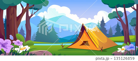 Camping tent in summer forest background banner for game design. Backpacking campground at meadow with wildflowers at morning time near lake in wood with mountains view. Vector cartoon illustration 135126859