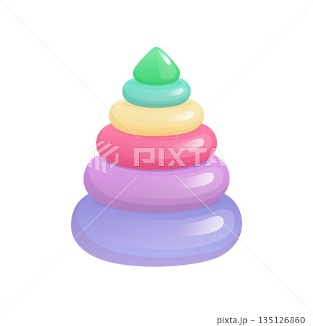 Baby pyramid in flat design. Toy tower with rings stacking for kid learning. Vector illustration isolated. 135126860