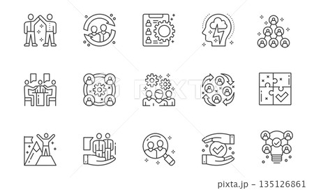 Employment service icons set in outline stroke design for web. Pack line pictograms with employees cooperation, teamwork, brainstorming, organization, interview meeting, other. Vector illustration. 135126861