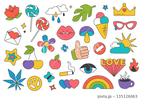 Retro groovy y2k stickers set elements in flat graphic design. Bundle objects of funky signs with flowers, lollipop, cloud, leaf, love, kiss, mushroom, rainbow and other. Vector illustration. 135126863