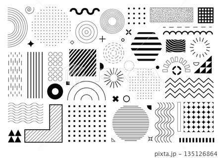 Geometric shapes mega set elements in flat graphic design. Bundle objects of circles, squares, triangles, hexagons with halftone, dots and lines pattern, waves and curve lines. Vector illustration. 135126864