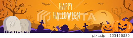Happy Halloween banner design. Party invitation orange template with cemetery, tombstones and crosses, flying spooky bats, creepy pumpkins, huge moon, zombie, tree branches. Vector illustration. Happy Halloween banner design. Party invitation orange template with cemetery, tombstones and crosses, flying spooky bats, creepy pumpkins, huge moon, zombie, tree branches. Vector illustration. 135126880