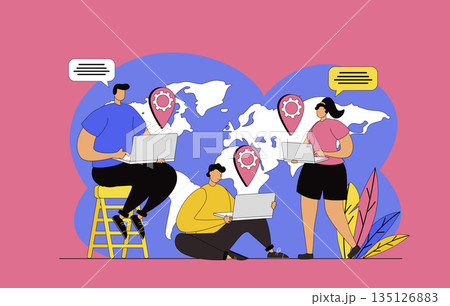 Outsourcing company concept with modern flat design for web. Employees working remotely in team, freelancers team doing tasks at laptops online, cooperating and networking. Vector illustration. Outsourcing company concept with modern flat design for web. Employees working remotely in team, freelancers team doing tasks at laptops online, cooperating and networking. Vector illustration. 135126883