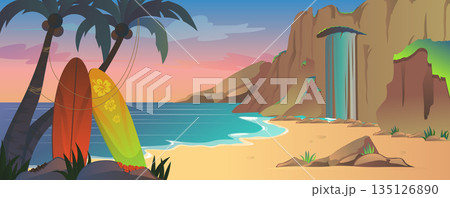 Tropical sea beach background for banner design. Summer vacation scene at ocean, seascape lagoon with rocks and waterfall, tropical palms and other plants, surfing boards. Vector cartoon illustration 135126890