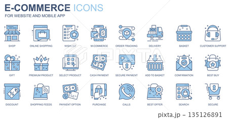 E-commerce web icons set in duotone line design. Pack of shop, online shopping, wishlist, order tracking, delivery, basket, customer support, gift, other outline stroke pictograms. Vector illustration 135126891