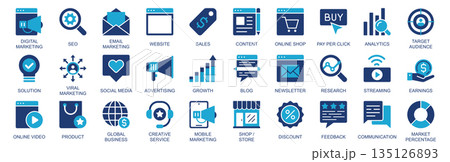 Digital marketing icon set in flat duotone solid icons web design. Pack pictograms with seo, email, sales, content, pay per click, analytics, target audience, social media, other. Vector illustration. 135126893