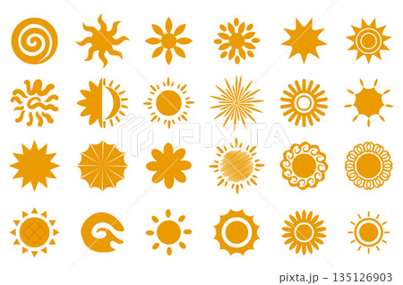 Yellow sun icon set in flat graphic design. Collection isolated elements with different types of simple summer circle symbols with sunbeams, sunbursts, sunshines, swirl rays. Vector illustration. Yellow sun icon set in flat graphic design. Collection isolated elements with different types of simple summer circle symbols with sunbeams, sunbursts, sunshines, swirl rays. Vector illustration. 135126903
