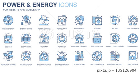 Power and energy web icons set in duotone line design. Pack of green, petrol tank, eco, oil barrel, battery, solar panel, recycling bin, renewable, other outline stroke pictograms. Vector illustration Power and energy web icons set in duotone line design. Pack of green, petrol tank, eco, oil barrel, battery, solar panel, recycling bin, renewable, other outline stroke pictograms. Vector illustration 135126904