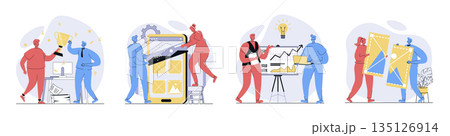 Teamwork concept set in flat design for web. Collection with people working together, celebrating career winning award, developing project, doing tasks in team, brainstorming. Vector illustrations. Teamwork concept set in flat design for web. Collection with people working together, celebrating career winning award, developing project, doing tasks in team, brainstorming. Vector illustrations. 135126914