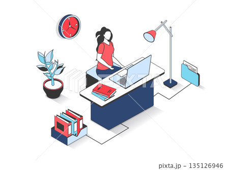 Business office 3d isometric concept with isometry people design for web. Woman working at laptop while sitting at desk, doing paperwork and making routine tasks in workflow. Vector illustration. Business office 3d isometric concept with isometry people design for web. Woman working at laptop while sitting at desk, doing paperwork and making routine tasks in workflow. Vector illustration. 135126946