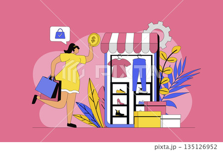 Commerce in mobile app concept with modern flat design for web. Woman looking discounts and deals in online stores, making purchases with safe internet payments, using delivery. Vector illustration. Commerce in mobile app concept with modern flat design for web. Woman looking discounts and deals in online stores, making purchases with safe internet payments, using delivery. Vector illustration. 135126952