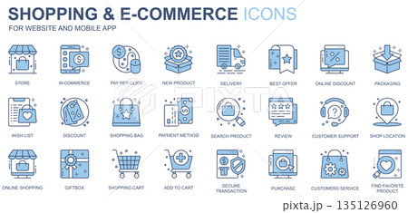 Shopping and e-commerce web icons set in duotone line design. Pack of store, m-commerce, product, delivery, best offer, online discount, wish list, other outline stroke pictograms. Vector illustration Shopping and e-commerce web icons set in duotone line design. Pack of store, m-commerce, product, delivery, best offer, online discount, wish list, other outline stroke pictograms. Vector illustration 135126960