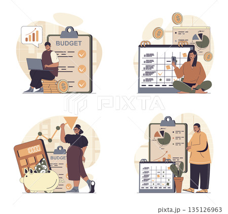 Planning financial budget concept scenes set in flat web design. People in situations of controlling personal finance and expense, making money analysis, creating cash strategy. Vector illustrations. 135126963