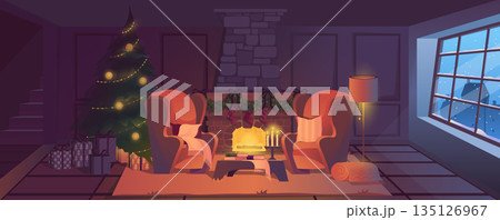 Christmas living room background for banner design. Empty room interior with warm fireplace, armchairs with pillows, festive trees and gift boxes, window with winter view. Vector cartoon illustration Christmas living room background for banner design. Empty room interior with warm fireplace, armchairs with pillows, festive trees and gift boxes, window with winter view. Vector cartoon illustration 135126967