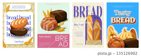 Bread cover typography template for advertising design. Food posters and greeting cards with fresh loaf of breads, buns and baguettes, bakery product menu, assortment in shop. Vector illustration. 135126982