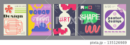 Minimalism geometric poster cover set. A4 banners with brutalism shapes, simple forms and frames elements, colourful playful colours. Modernism art design with Y2K aesthetics. Vector illustration. Minimalism geometric poster cover set. A4 banners with brutalism shapes, simple forms and frames elements, colourful playful colours. Modernism art design with Y2K aesthetics. Vector illustration. 135126989