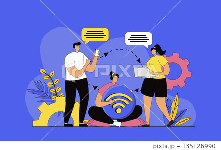 Wireless technology concept with modern flat design for web. Man and woman using free internet and connecting to wifi hotspot from laptop and smartphone for virtual chatting. Vector illustration. Wireless technology concept with modern flat design for web. Man and woman using free internet and connecting to wifi hotspot from laptop and smartphone for virtual chatting. Vector illustration. 135126990