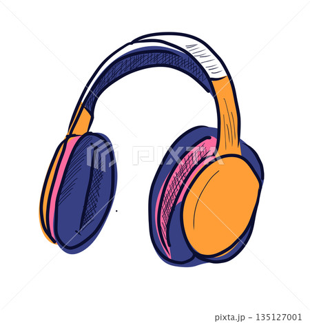 Podcast headphones in flat design. Headset accessory for listening audio. Vector illustration isolated. 135127001