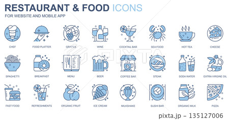 Restaurant and food web icons set in duotone line design. Pack of chef, platter, grapes, wine, cocktail bar, seafood, tea, cheese, spaghetti, menu, other outline stroke pictograms. Vector illustration Restaurant and food web icons set in duotone line design. Pack of chef, platter, grapes, wine, cocktail bar, seafood, tea, cheese, spaghetti, menu, other outline stroke pictograms. Vector illustration 135127006