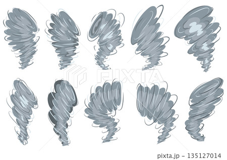 Tornado set elements in flat graphic design. Collection of hurricane air and whirlwinds, grey twisters, destruction whirlpool, thunderstorm cyclone vortex, bad weather symbols. Vector illustration. 135127014