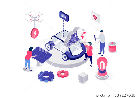 Smart car 3d isometric concept in geometry graphic design for web. People using electric auto with alternative green battery charging, wireless sensors and automatic control. Vector illustration. 135127019