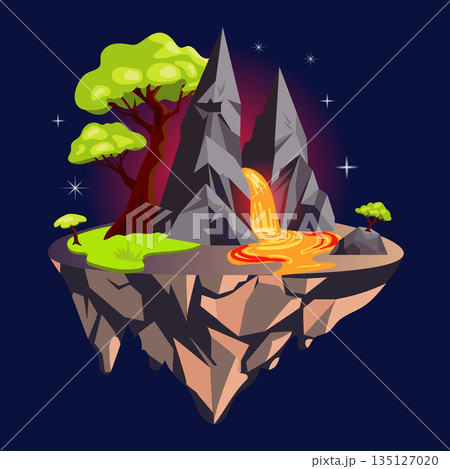 Gaming fantasy island in flat design. Platform with forest, rock and lava. Vector illustration isolated. 135127020