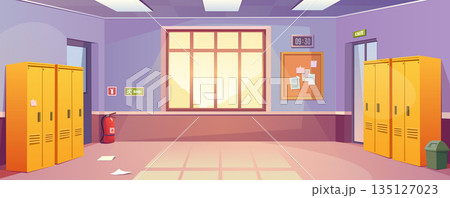 School corridor background for banner design. Empty hallway room interior with closed lockers rows, doors, big window, fire extinguisher, board with notices, clock at wall. Vector cartoon illustration 135127023