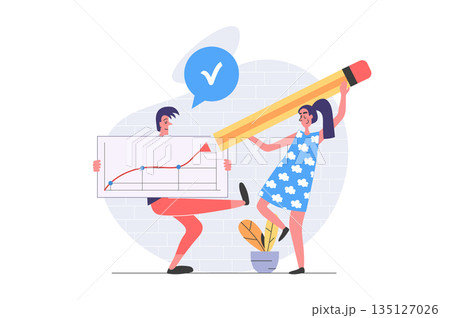 Teamwork concept in modern flat design for web. Man and woman cooperating, communicating and doing project task together, working with data graph and making chart analysis. Vector illustration. Teamwork concept in modern flat design for web. Man and woman cooperating, communicating and doing project task together, working with data graph and making chart analysis. Vector illustration. 135127026