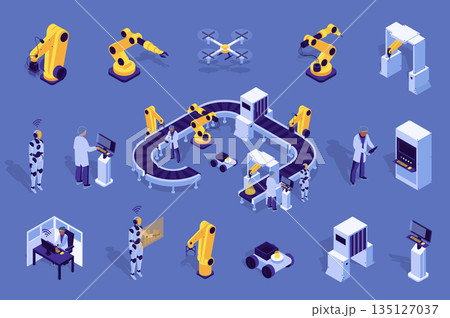 Automatic factory 3d isometric mega set in flat design. Collection isometry elements of robotic arms, robot assistance, conveyor belt, line assembling, production process, other. Vector illustration. 135127037