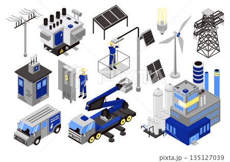 Electricity 3d isometric mega set in isometry graphic design. Collection elements of power line, transformer station, solar panels, wind turbine, electricians, fitters, other. Vector illustration. 135127039