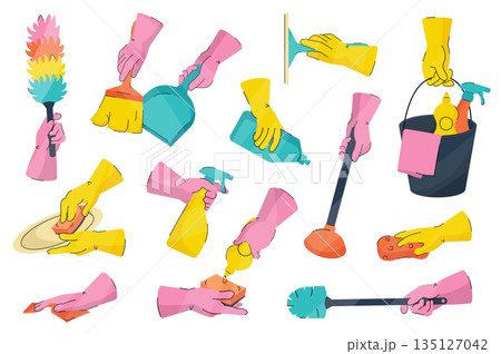 Cleaning tools mega set elements in flat cartoon graphic design. Bundle objects of dust brush, dustpan, broom, rubber gloves hand, detergent bottles, bucket, rag, sponge, other. Vector illustration. Cleaning tools mega set elements in flat cartoon graphic design. Bundle objects of dust brush, dustpan, broom, rubber gloves hand, detergent bottles, bucket, rag, sponge, other. Vector illustration. 135127042
