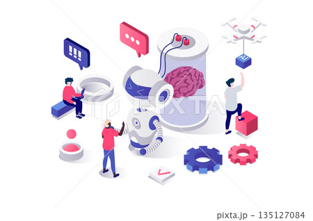 Artificial intelligence 3d isometric concept in geometry graphic design for web. People working with AI and robots technology, creating brain neural network and machine learning. Vector illustration. 135127084