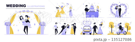 Wedding concept set in flat web design. Collection with people at marriage ceremony, catching bouquet, bride and groom dancing, honeymoon travel. Flat vector illustration isolated on white background. 135127086