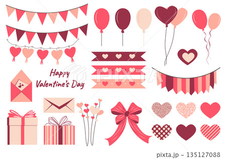Valentine day set elements in flat graphic design. Collection of red and pink flag garlands, ribbons, balloons, love letter envelopes, bows, gift boxes, romantic prints, other. Vector illustration. 135127088