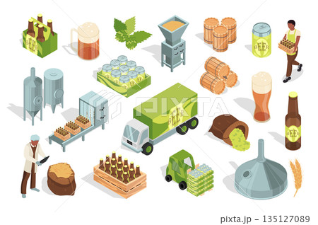 Beer making 3d isometric mega set in flat design. Collection isometry elements of bottles, mug, wooden barrels, hop, cup, wheat, brewery machinery, manufacturing process, other. Vector illustration. 135127089