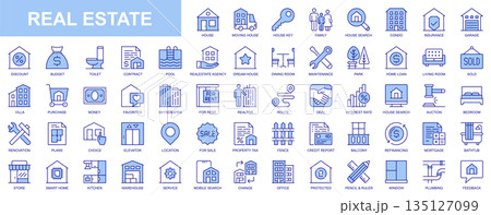 Real estate web icons set in duotone outline stroke design. Pack pictograms with house, moving, key, condo, insurance, garage, budget, pool, agent, rooms, maintenance, loan, rent. Vector illustration. Real estate web icons set in duotone outline stroke design. Pack pictograms with house, moving, key, condo, insurance, garage, budget, pool, agent, rooms, maintenance, loan, rent. Vector illustration. 135127099