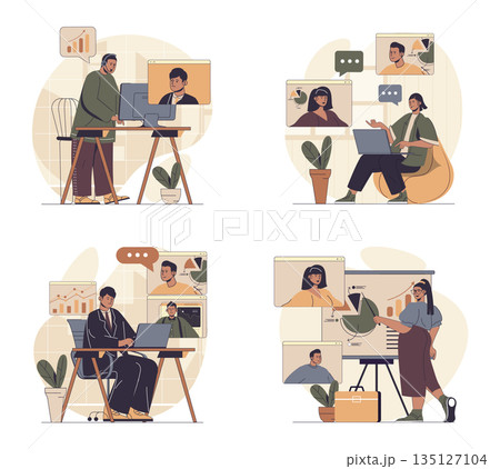 Video business conference concept scenes set in flat web design. People in situations of working remotely at global project, connecting online for getting breafing and tasks. Vector illustrations. 135127104