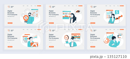 Digital business concept of landing page with slide templates set in flat design. Website headers with people create content plan, using marketing tools for attract clients. Vector illustrations. Digital business concept of landing page with slide templates set in flat design. Website headers with people create content plan, using marketing tools for attract clients. Vector illustrations. 135127110