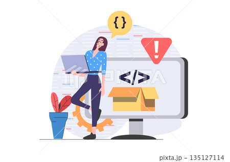 Development and programming concept in modern flat design for web. Woman developer creating software product at laptop, testing program accessibility and making optimization. Vector illustration. Development and programming concept in modern flat design for web. Woman developer creating software product at laptop, testing program accessibility and making optimization. Vector illustration. 135127114