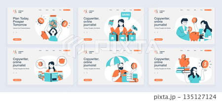 Financial literacy concept of landing page with slide templates set in flat design. Website headers with people saving money, managing and control personal finance, invest money. Vector illustrations. Financial literacy concept of landing page with slide templates set in flat design. Website headers with people saving money, managing and control personal finance, invest money. Vector illustrations. 135127124