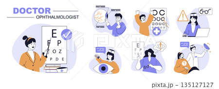 Doctor ophthalmologist concept set in flat web design. People in isolated scenes visiting eye clinic for eyesight tests and eyeball research, get correction with lens or glasses. Vector illustrations. Doctor ophthalmologist concept set in flat web design. People in isolated scenes visiting eye clinic for eyesight tests and eyeball research, get correction with lens or glasses. Vector illustrations. 135127127