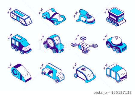 Autonomous vehicles concept 3d isometric icons set for web isometry design. Collection elements of driverless train, electric car, flying drone, wireless smart transport, more. Vector illustration. 135127132