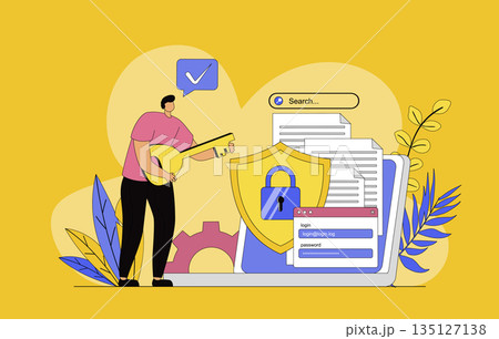 Network security concept with modern flat design for web. Man using secure login and key to personal account, protecting data and files on laptop with verification shields. Vector illustration. 135127138